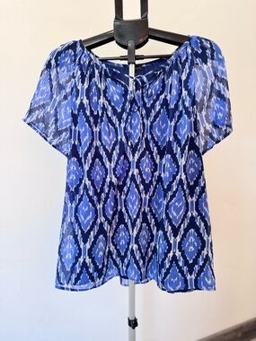Talbots Blue/Navy Ikat Tie-Neck Short-Sleeve Blouse Polyester Size Large